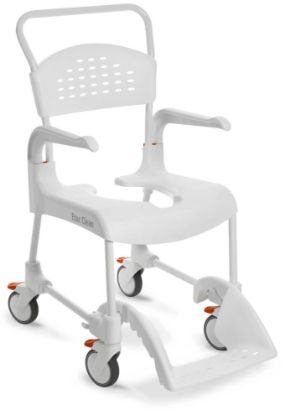 Show details for Clean Shower Commode chair, 21.75", white 4 lockable castors Picture of Clean Shower Commode chair, 21.75", white 4 lockable castors