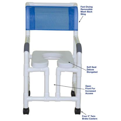 Show details for MJM Superior shower chair with twin casters, open front, and deluxe elongated seat Picture of MJM Superior shower chair with twin casters, open front, and deluxe elongated seat