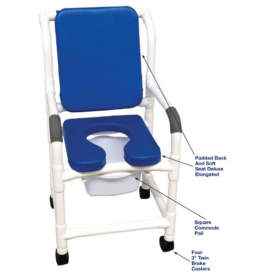 Picture of MJM shower chair with soft seat, deluxe elongated, cushioned back and square pail