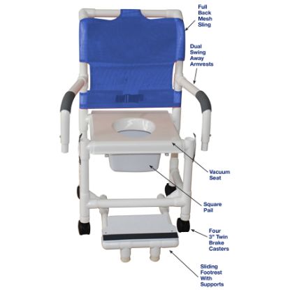 Show details for MJM Superior Standard Shower chair, vaccuum seat, sliding footrest, dual swingaway arms and square pail Picture of MJM Superior Standard Shower chair, vaccuum seat, sliding footrest, dual swingaway arms and square pail