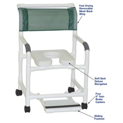 Show details for MJM Mid-size shower chair with soft seat deluxe elongated and sliding footrest Picture of MJM Mid-size shower chair with soft seat deluxe elongated and sliding footrest