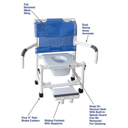 Show details for MJM Mid-size shower chair with vaccuum seat, sliding footrest and dual swingaway arms and pail Picture of MJM Mid-size shower chair with vaccuum seat, sliding footrest and dual swingaway arms and pail