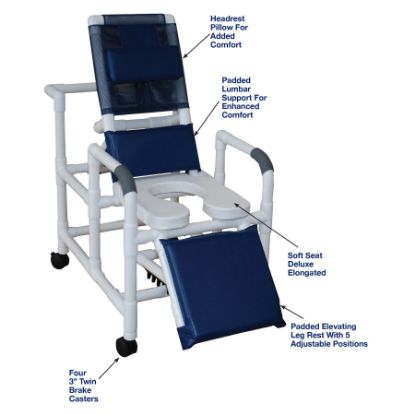 Show details for MJM reclining shower chair with soft seat deluxe elongated open front, elevated leg extension, 325# cap Picture of MJM reclining shower chair with soft seat deluxe elongated open front, elevated leg extension, 325# cap