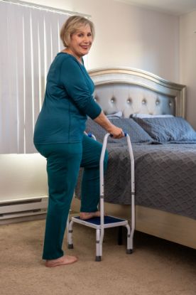 Show details for Made of steel; Padded grab bars for safety; non-slip landing base; Weight: 13 lbs.; Capacity: Supports up to 300 lbs.; Height adjustments: 8’’ to 10’’; Dimensions: 32" x 11" x 12.5" Picture of Made of steel; Padded grab bars for safety; non-slip landing base; Weight: 13 lbs.; Capacity: Supports up to 300 lbs.; Height adjustments: 8’’ to 10’’; Dimensions: 32" x 11" x 12.5"