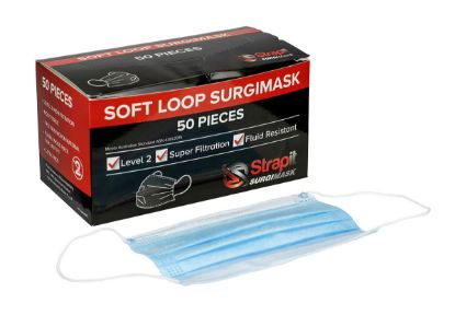 Picture of Strapit Surgimask face masks, 3 ply disposable with ear loops, ASTM Level 2, box of 50