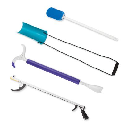 Picture of Hip and Knee Kit, includes: 26" reacher, molded sock aid, bath sponge, and Dressing Pal Shoehorn and dressing aid