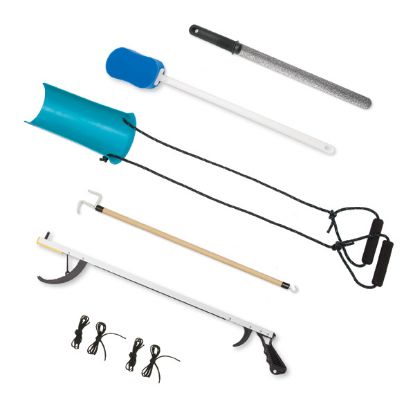 Picture of Hip and Knee Kit, includes: 32" reacher, 24" Good Grips shoehorn, Bath sponge, molded sock aid, 27" Dressing Stick and 24" Black Elastic shoelaces