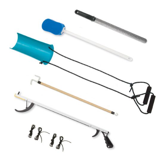 Picture of Hip and Knee Kit, includes: 32" reacher, 24" Good Grips shoehorn, Bath sponge, molded sock aid, 27" Dressing Stick and 24" Black Elastic shoelaces