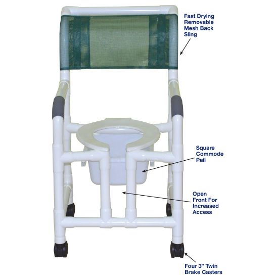 Picture of MJM Superior shower chair with twin casters, open front, and square pail
