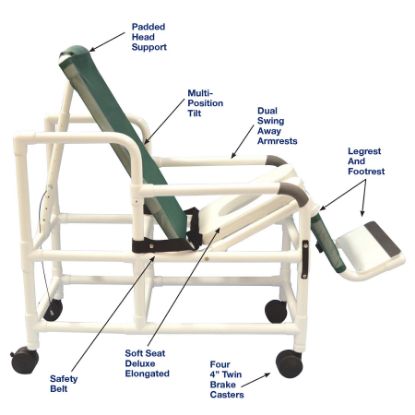 Picture of MJM Tilt shower/commode chair, with open front soft seat, buckle safety belt and dual swingaway armr ests, and footrest