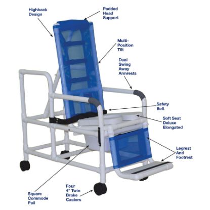 Picture of MJM Tilt shower chair with open front soft seat, buckle safety belt, dual swingaway armrests, footre st and slide out commode pail