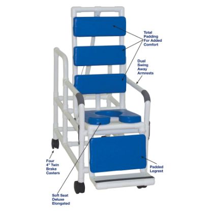 Picture of MJM Tilt shower chair with open front soft seat, total padding blue, buckle safety belt and dual swi ngaway armrests