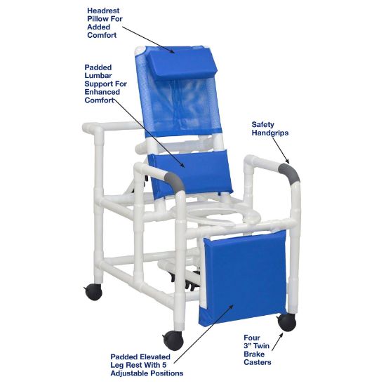 Picture of MJM Reclining Shower chair with deluxe elongated open front commode seat and elevated leg extension,  325# cap