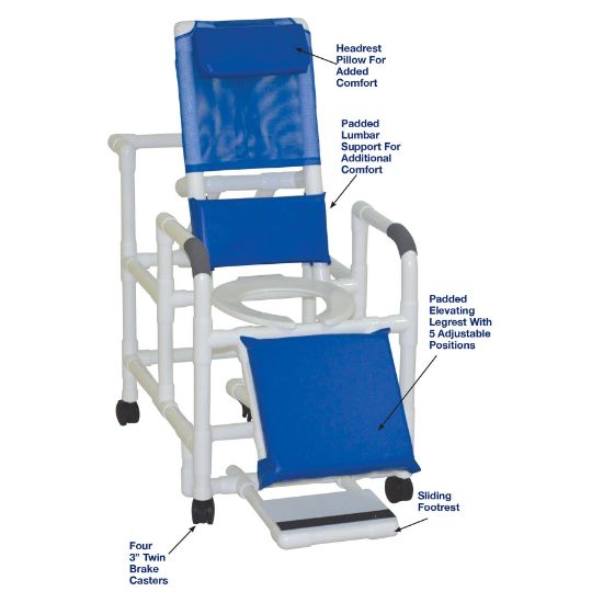 Picture of MJM Reclining shower chair with deluxe elongated open front commode seat and elevated leg extension,  footrest, 325# cap