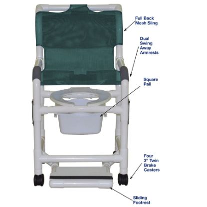 Picture of MJM Superior Standard Shower chair, with dual swing away armrests, sliding footrest and square pail