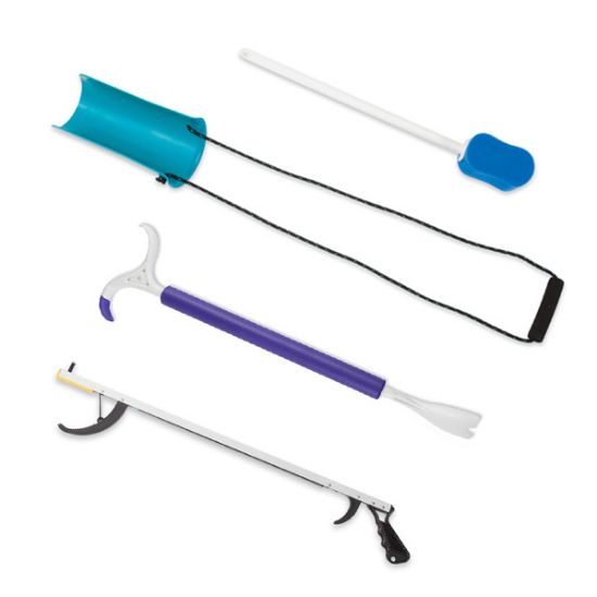 Picture of Hip and knee Kit, includes: 32" reacher, moded sock aid, bath sponge, and Dressing Pal Shoehorn and dressing aid