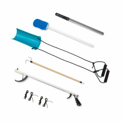 Picture of Hip and Knee Kit, includes: 32" reacher, 24" Good Grips shoehorn, Bath sponge, molded sock aid, 27" Dressing Stick and 24" Black Elastic shoelaces
