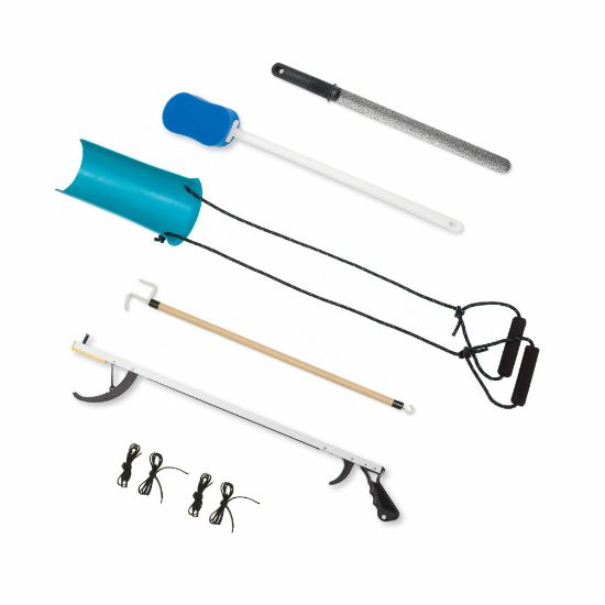 Picture of Hip and Knee Kit, includes: 32" reacher, 24" Good Grips shoehorn, Bath sponge, molded sock aid, 27" Dressing Stick and 24" Black Elastic shoelaces