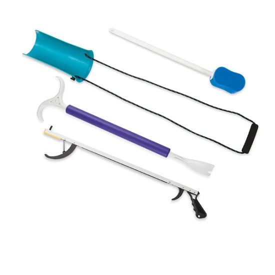 Picture of Hip and Knee Kit, includes: 26" reacher, molded sock aid, bath sponge, and Dressing Pal Shoehorn and dressing aid